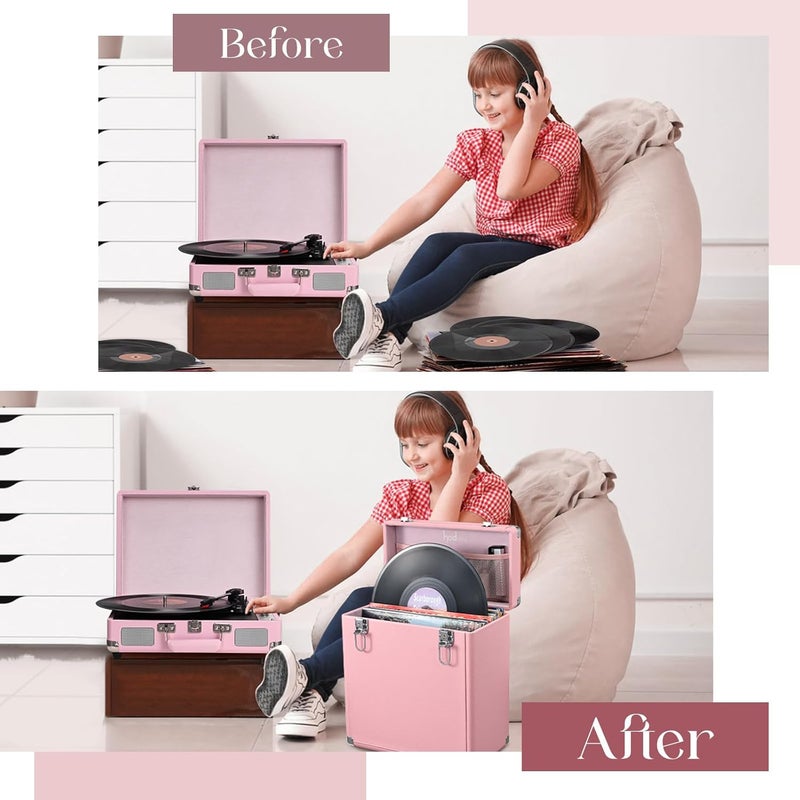 Hododou Vinyl Record Storage Box with Lock Record Organizer Storage for 30+ Single Records 12-inch Water Resistant Collapsible Storage Crate with Handle Mesh Pouch for Valuable Album Collection Pink - Image 4